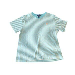 Polo Ralph Lauren‎ V-Neck T-Shirt Girls Large Striped Turquoise White Stripe EUC